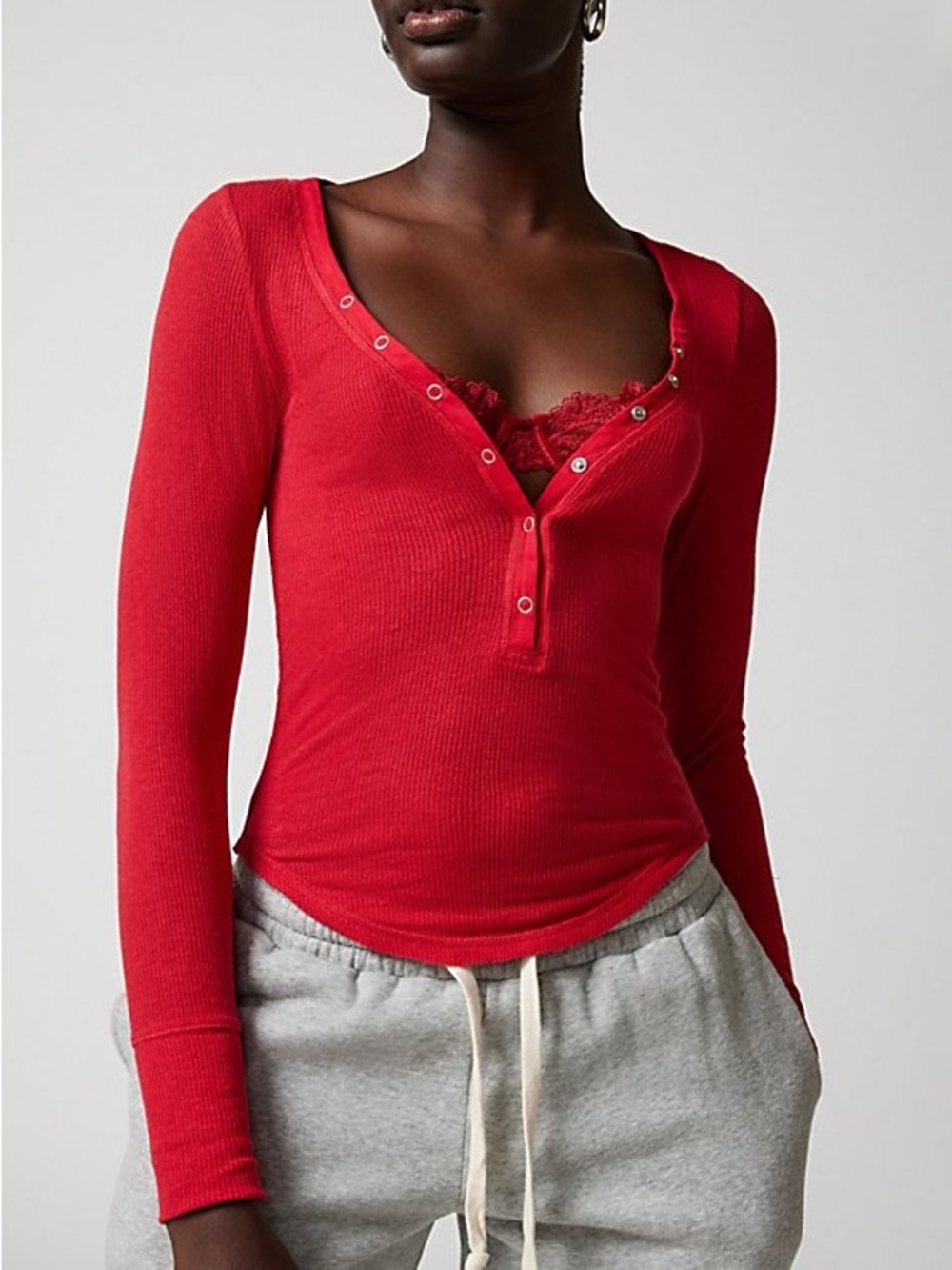 Romantic Red Ribbed Henley Long-Sleeve Top - Urban Outfitters